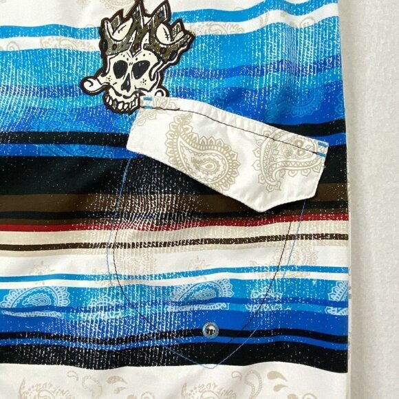 Micros Board Shorts Swim Bathing Suit Mens size 33 White Blue Skull Paisley - Picture 6 of 8
